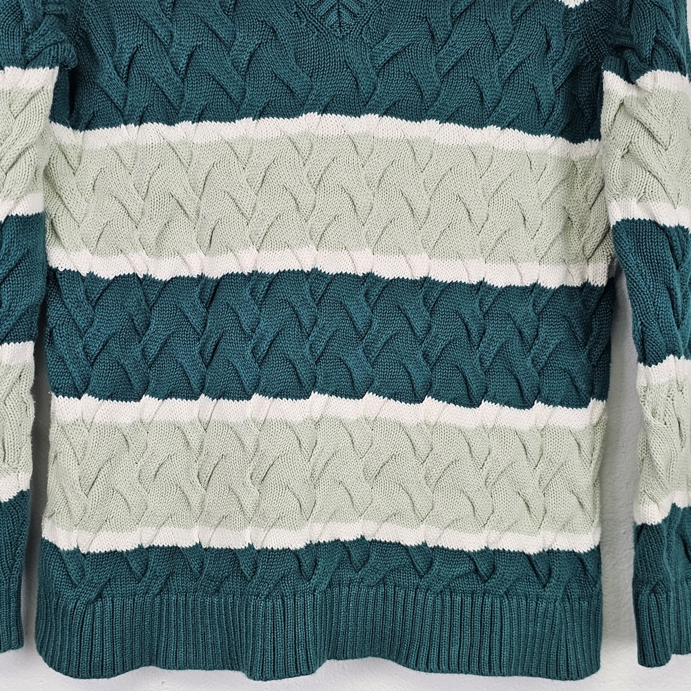 Lands End Drifter Sweater Green Stripes Cable Knit Pullover Cotton Sz M Academia - Picture 3 of 11